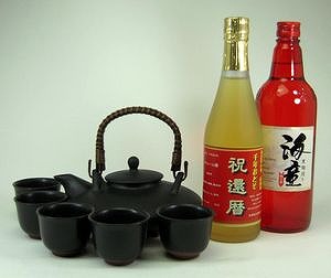 【送料無料】黒千代香セット5客ツル付（祝の赤★黒麹造り芋焼酎720ｍｌ、還暦限定お屠蘇酒500ml）